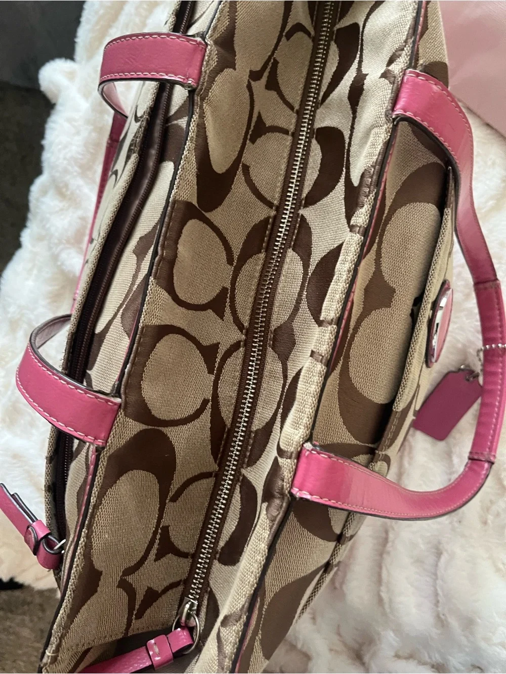 Coach Signature Stripe Baby Bag w/ Hot Pink Patient Leather Trim - EUC